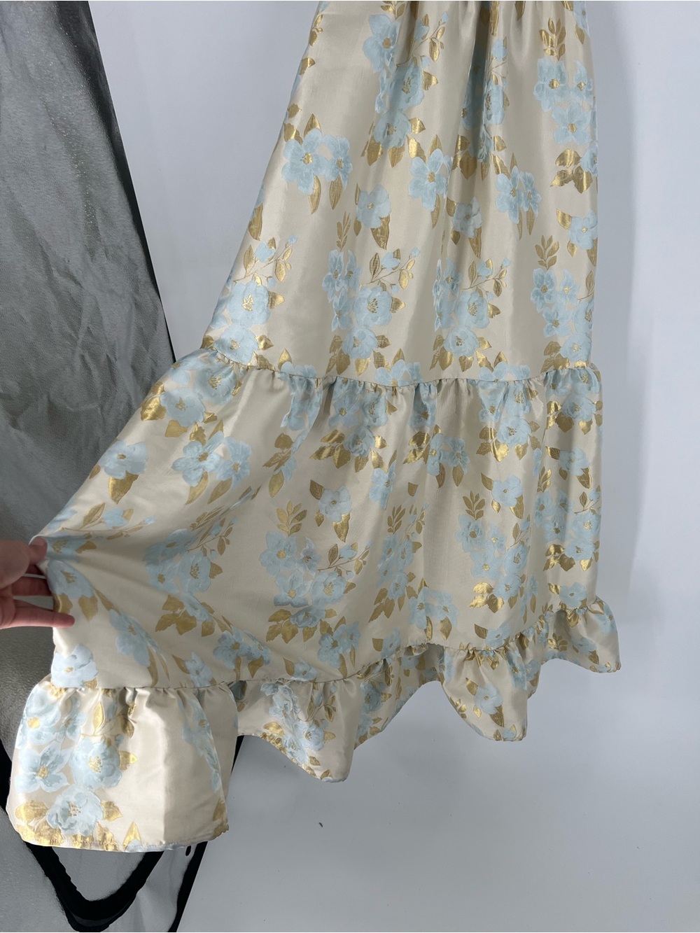 V. Chapman Avery Light Blue Cream Gold Floral Brocade Corset Back Maxi Dress 4 - Picture 3 of 9